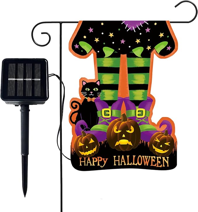 Halloween Solar Lighted Garden Flag Double Sided 12x18 Inch - 8 Lighting Modes LED Outdoor Yard Decoration for Porch, Home, Lawn Halloween Decor - Witch Feet and Pumpkin