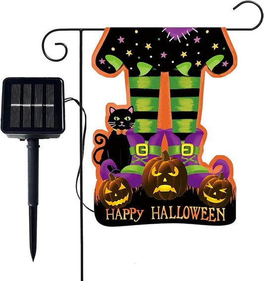Halloween Solar Lighted Garden Flag Double Sided 12x18 Inch - 8 Lighting Modes LED Outdoor Yard Decoration for Porch, Home, Lawn Halloween Decor - Witch Feet and Pumpkin