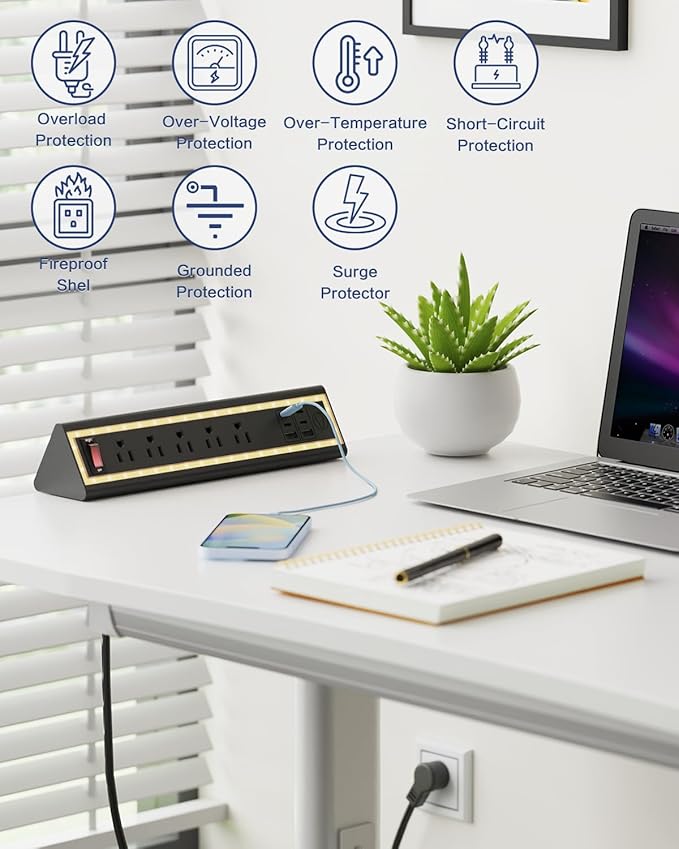 Desk Clamp Power Strip with Nightlight, 40W Fast Charging, 10FT Extension Cord, 4x20W USB-C & 2 USB Ports, 5 AC Outlets, Fits 1.69-Inch Table Edges