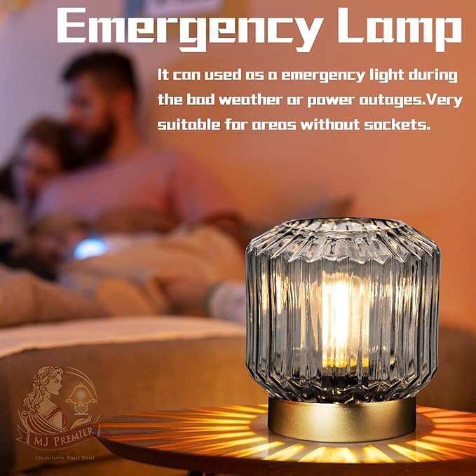 MJ PREMIER Battery Operated Lamp with Timer Cordless Lamps for Home Decor Battery Powered Nightlight with LED Bulb Decorative Glass Beside Lamp for Valentine's Gift Bathroom Bedroom Living Room Grey