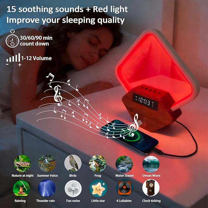 Red Light Therapy for Sleeping and Face 660nm Infrared with Sunrise Alarm Clock White Noise Machine 15 Soothing Sounds Sleep Aid 30/60/90min Timer 10 Alarm Ringtones USB C PD Phone Charger