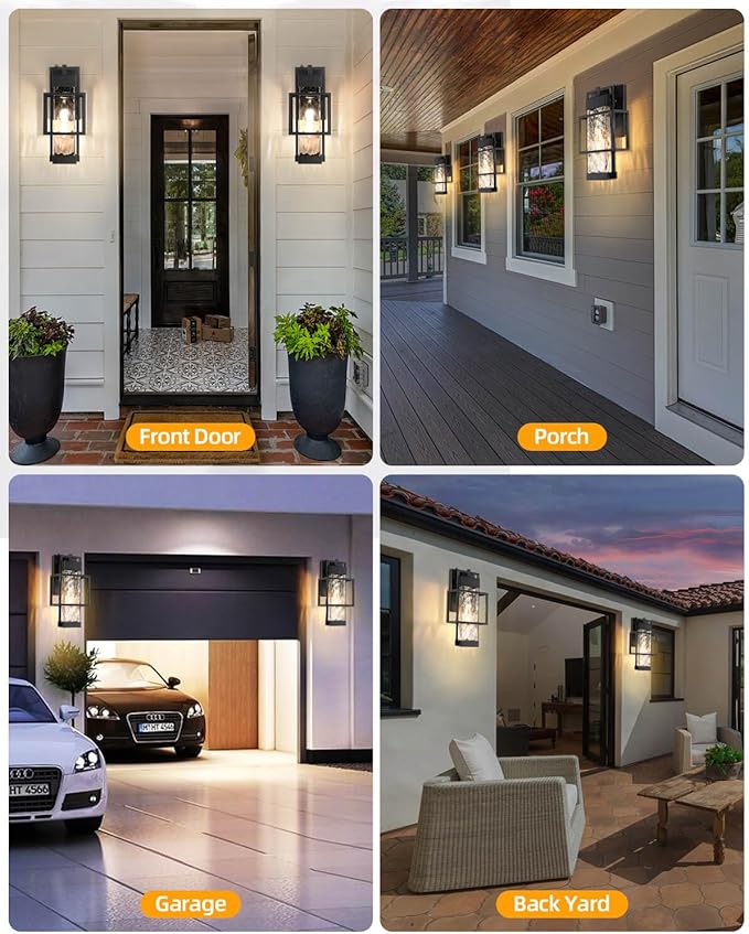 Outdoor Wall Lights Dusk to Dawn with Water Glass, Black Exterior Lighting Fixtures Waterproof Outdoor Sconce Lights with LED Bulbs, 15" H Large Outside Lights for House Porch Garage Patio