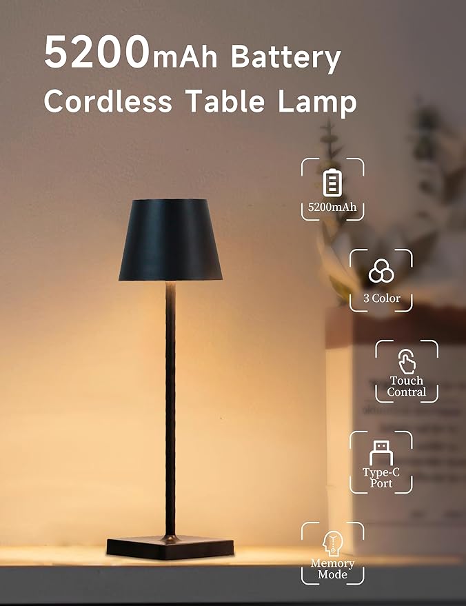 Black Cordless LED Desk Lamps Portable Powered by a 5000mAh Battery, offering stepless dimming and 3 Color Modes, for bedrooms, Restaurants, Bars, Camping, and Outdoor (Black-2pc)