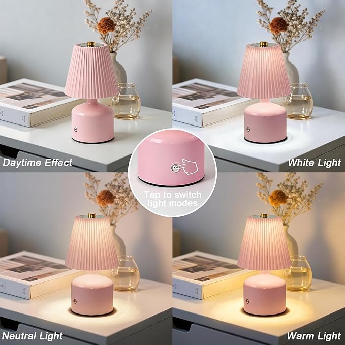 Small Cordless Table Lamp Rechargeable Desk Lamp, 3 Color Stepless Dimming, Metal Base Pleated Table Lamp for Bedside, Bedroom, Dining Room, Living Room (Pink)
