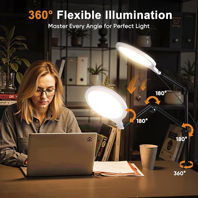 Desk Ring Light, 10" LED Ring Light for Desk with Clamp, 360°Rotate & Flexible Height Full-Screen Overhead Ringlight for Video Recording, TikTok, YouTube, Live Streaming, Content Creation