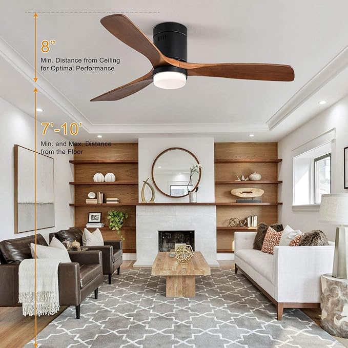 52 Inch Low Profile Ceiling Fans with Lights and Remote, 6-Speed Dimmable Outdoor Ceiling Fan with Light 3 Walnut Blades Wood Ceiling Fan with Timer, Reversible DC Motor for Patio Bedroom Farmhouse