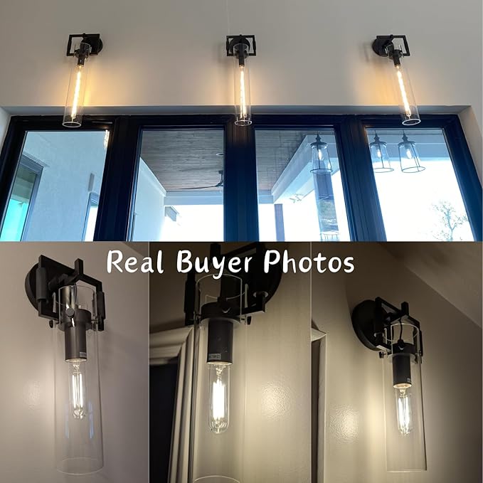 Black Indoor Wall Sconces Set of Two, 15'' knurled Brass Cylinder Sconces, Modern Clear Glass Bathroom Vanity Light, for Living Room, Bedrooms, Hallway, Fireplace, Staircases, Include Bulb