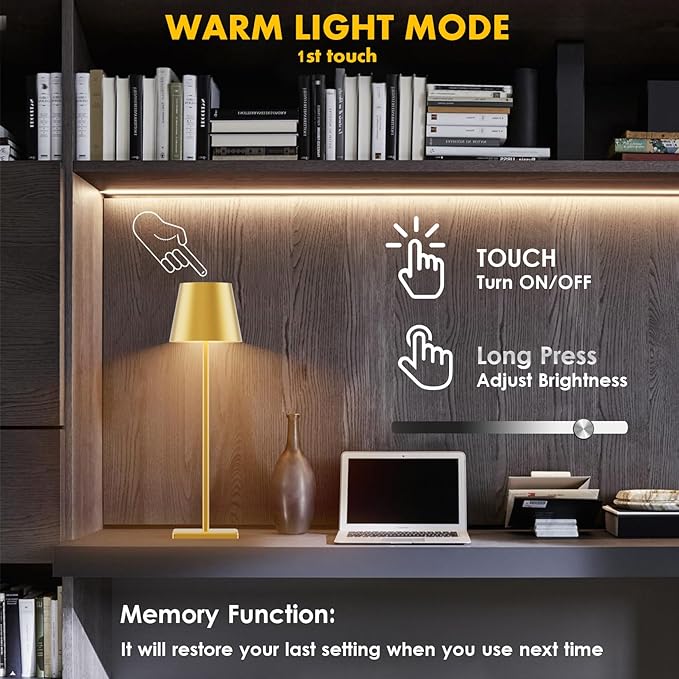 2-Pack LED Cordless Table Lamp with RGB & Stepless Dimming, 3W 5000mAh Rechargeable Desk Lamps Battery Operated Table Light Stepless Dimmable Portable Table Lamp for Table/Bedroom/Outdoor (Gold)