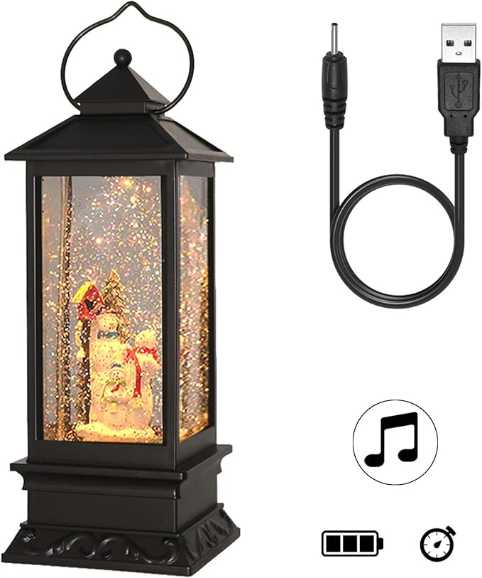 DRomance Snowman Music Snow Globe Lantern with Timer Battery Operated & USB Powered Lighted Singing Snow Globe Lamp Spinning Water Swirling Glitters Christmas Decor 4" x 4" x 12"