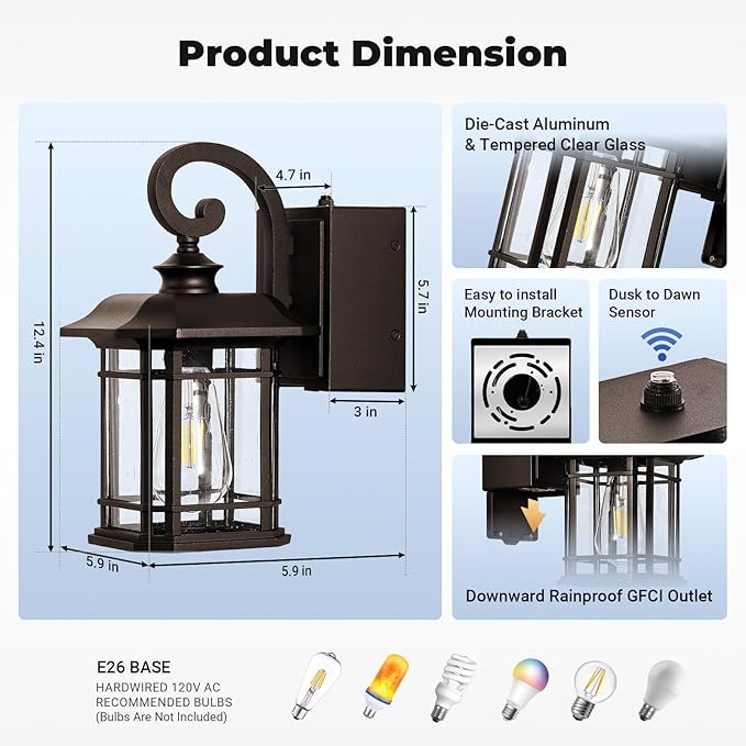 Dusk to Dawn Outdoor Wall Lights with GFCI Outlet, Oil-Rubbed Bronze Exterior Lights for House with Seeded Glass, Anti-Rust Outdoor Light Fixture, Waterproof Front Porch Light for Yard, Patio