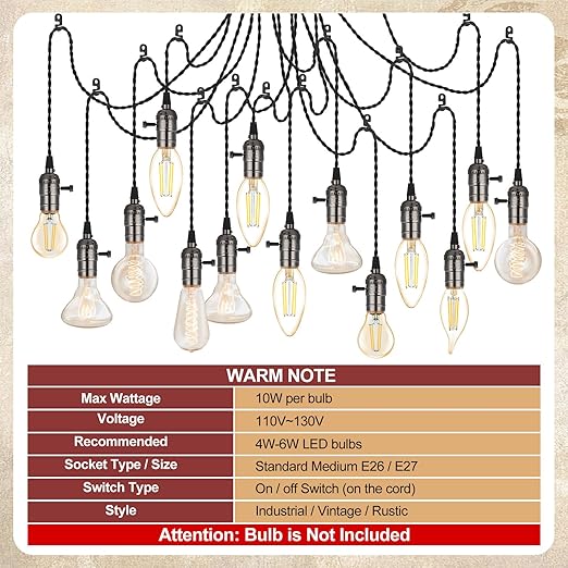 1 Pcs Vintage Pendant Light Sockets Light Cord Kit with Switches DIY Bulb Socket with Cord for E26 E27 Lamp Socket Lantern Bedroom Living Room Decor (1 Plug with 14 Sockets,Black)