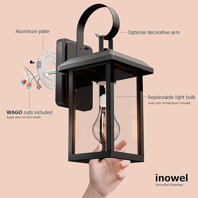 2 Pack Modern Outdoor Wall Light Sconce Dusk to Dawn Aluminium Porch Front Door Garage,2 Bulbs Included,3000K 5000K,Wall Mount Waterproof Outside Lantern,Lever Nuts Included,Easy Assembly,Black,2 Pack