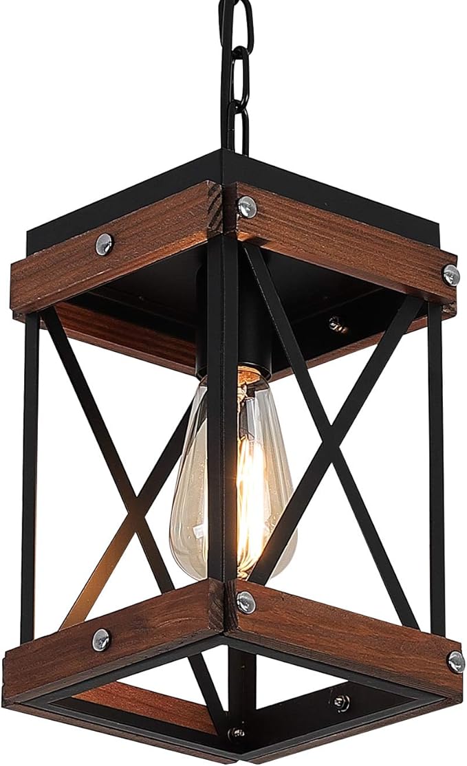Fivess Lighting Rustic Farmhouse Pendant Light with Wood and Metal Cage, One-Light Adjustable Chains Industrial Mini Pendant Lighting Fixture for Kitchen Island Cafe Bar, Black