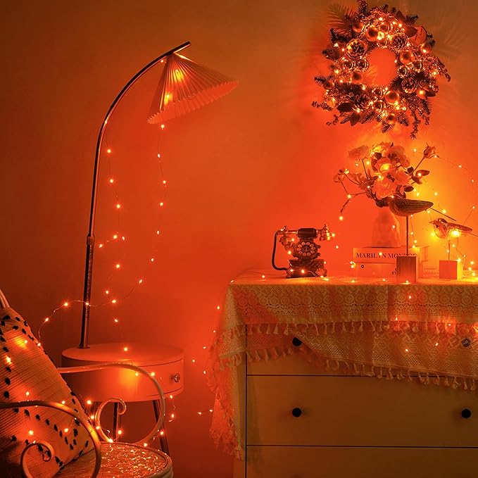 4 Pack 16.4ft Battery Operated String Lights with Timer, Orange with Synchronized Twinkle Mode, Fairy Lights Battery Powered, 50 LEDs, Idea for Christmas Bedroom Party Wedding