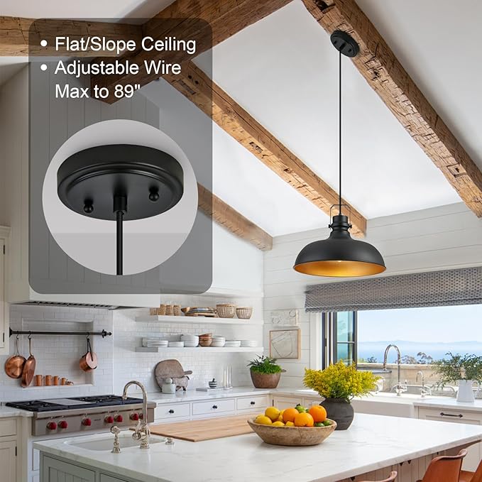Black Farmhouse Pendant Lights 16 Inch Matte Pendant Lighting for Kitchen Island Industrial Adjustable Height Vintage Dome Hanging Light Fixtures for Barn, Dining Room 2 Packs