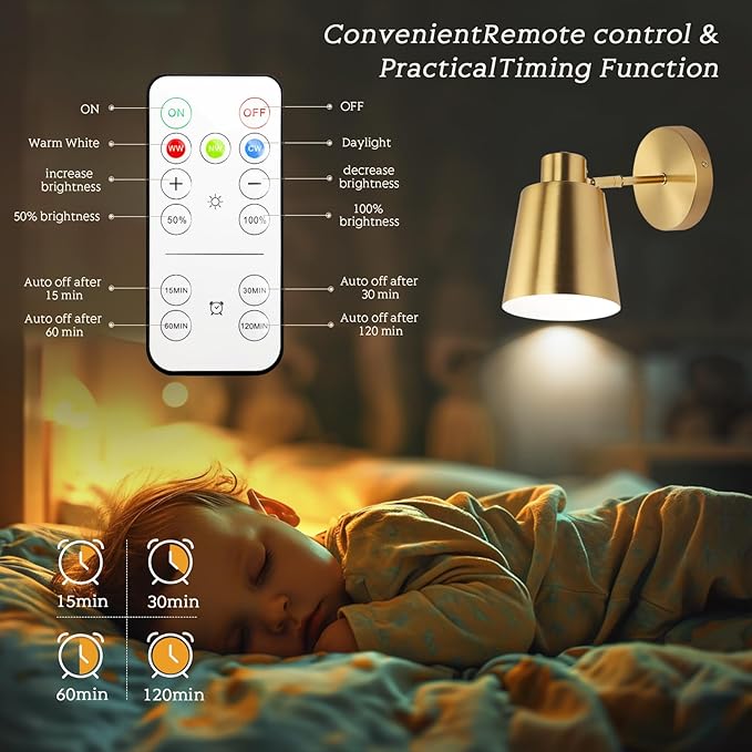 Gold Wireless Battery Operated Wall Sconces, Industrial Cordless Battery Powered Led Wall Lights Set of 2, Vintage Wall Lamp Fixture Indoor with Remote Control for Bedroom, Bathroom, Hallway