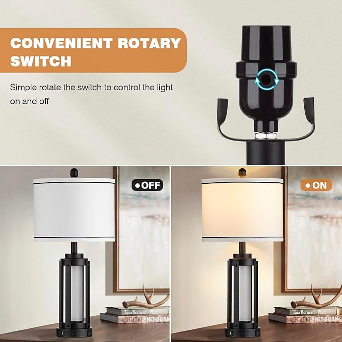 Industrial Table Lamps Set of 2, Modern Beside Lamp with USB A+C Charging Ports & AC Outlet, Rustic Nightstand Lamp with LED Night Light for Living Room Bedroom End Table Entryway Black Bulbs Included
