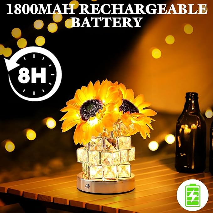 ONXE Rose Lamp, Flower Lamp 3 Colors Dimmable Crystal Table Light, Romantic Rechargeable Cordless Touch Lamp for Bedroom Living Room Pink Decor, Christmas Birthday Gifts for Women Mom (Sunflowers)