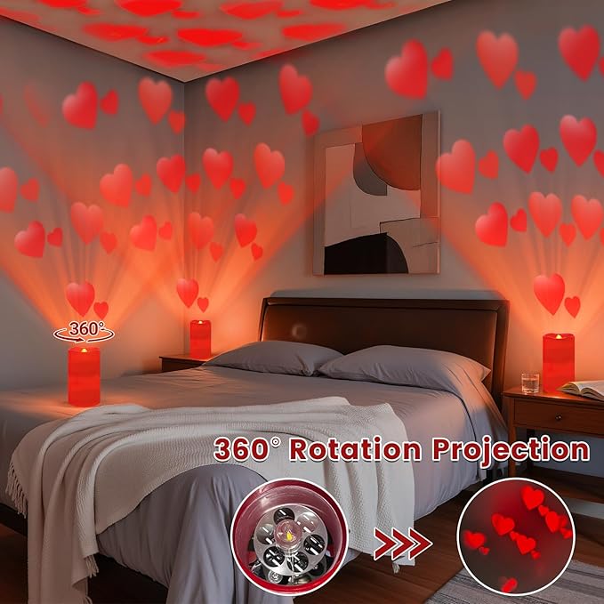 Flameless Candle Heart Projector Light,Valentines Day Decorations Candles Lamp with Romantic Red Heart Projector Lights, LED Candle with Remote and Timer for Girl Women Mom (Red - Heart)