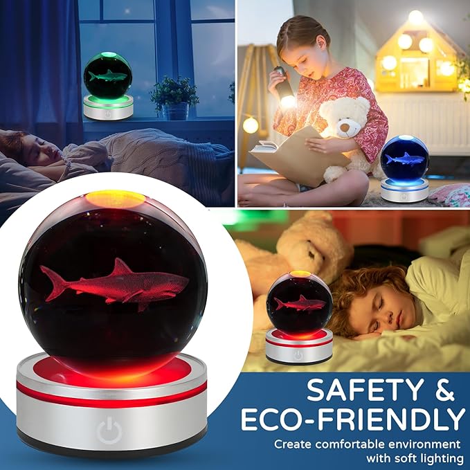 3D Shark Crystal Ball Night Light With LED Colorful Lighting Touch Base 3.15 In Glass Sphere Lamp for Birthday Christmas, Cool Toy Gift for Boys Girls Kids Figurine Home Decor