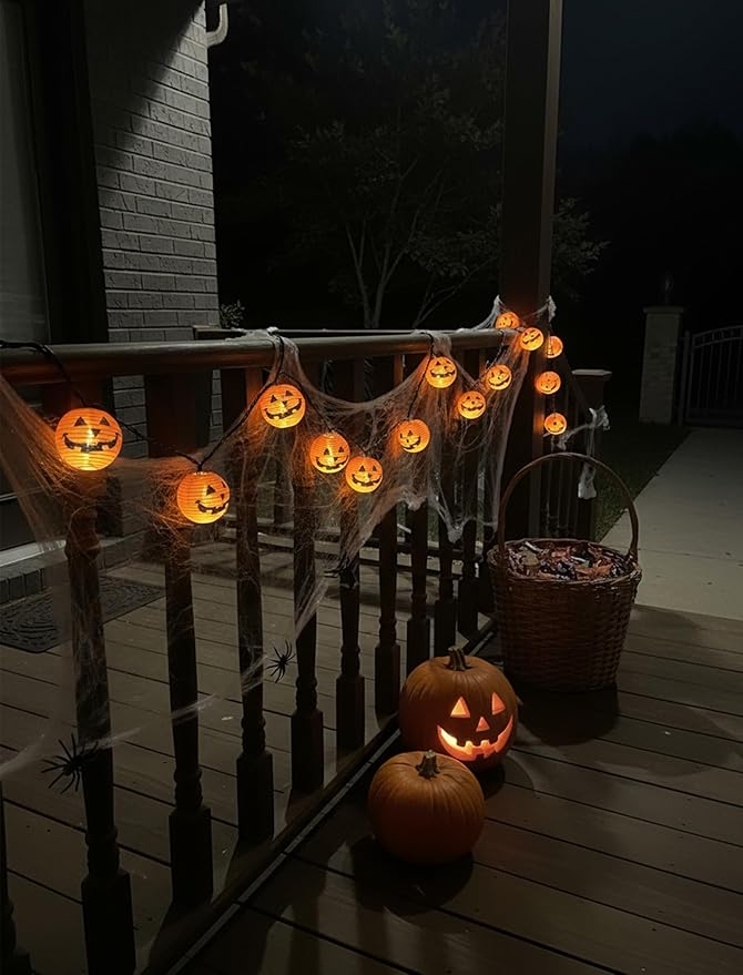 8.5FT Halloween Jack-O'-Lantern String Lights with 10 Orange Pumpkin Bulbs, Black Wire Hanging Lights for Outdoor and Indoor Halloween Party Decor