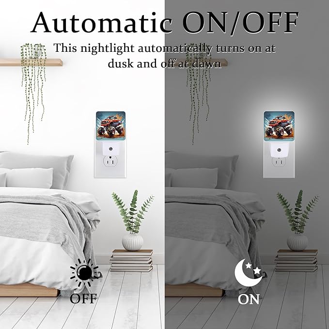 Cartoon Monster Truck Night Light, Plug-into Wall Cool Vehicle Cars Nightlight Lamp with Dusk to Dawn Sensor, Led Lamp 0.5W Energy Efficient for Boys Girls Adults Home Decor