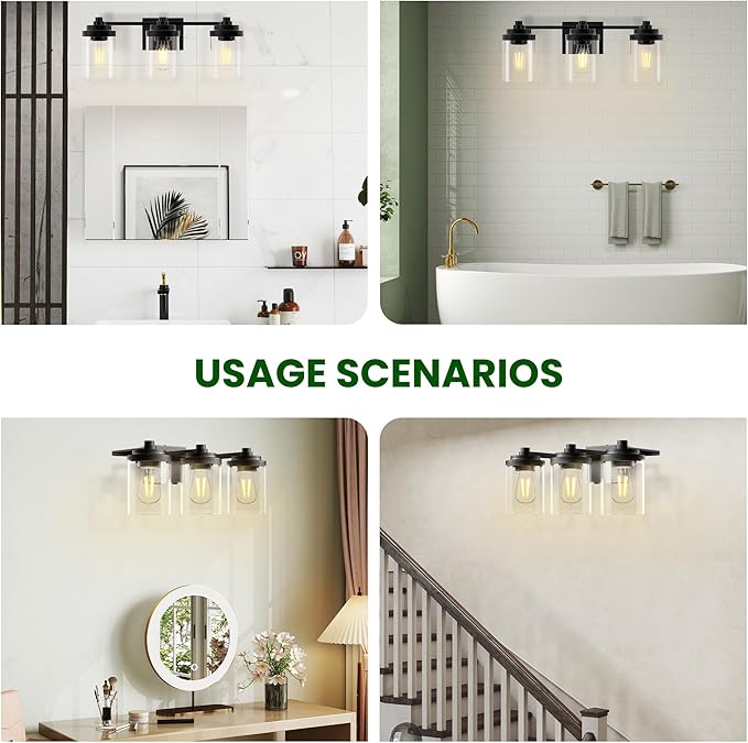 Bathroom Vanity Light Fixture, 3-Light Modern Black Vanity Light Fixtures with Clear Glass Shade, Matte Black Bathroom Light Fixtures Over Mirror, Rustic Restroom Lighting Fixtures