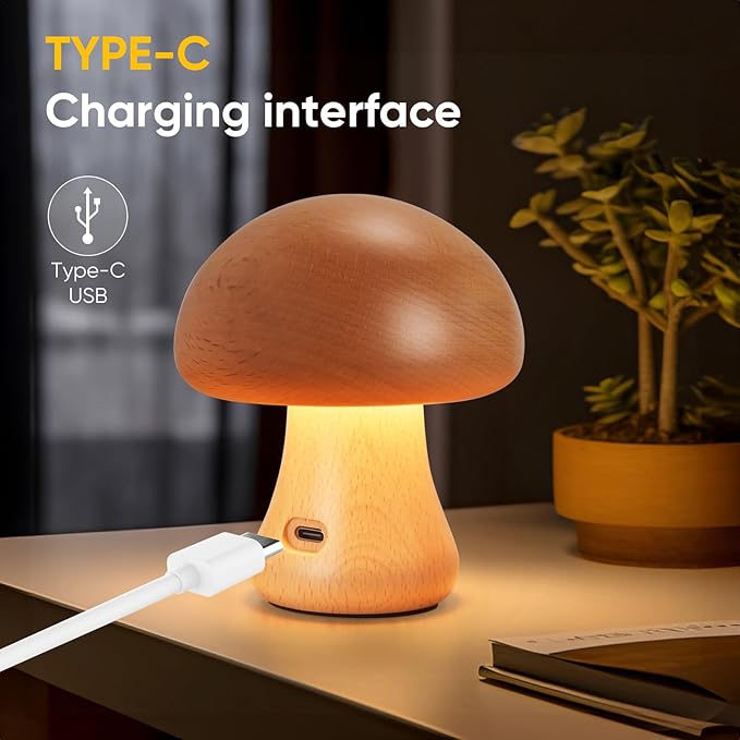 Creative Wood Mushroom Table Lamp, Portable Cordless Small Lamp, Rechargeable Battery Operated Lamp,Stepless Dimming, Night Light for Birthday Gifts, Creative Home Decor Unique House Gift