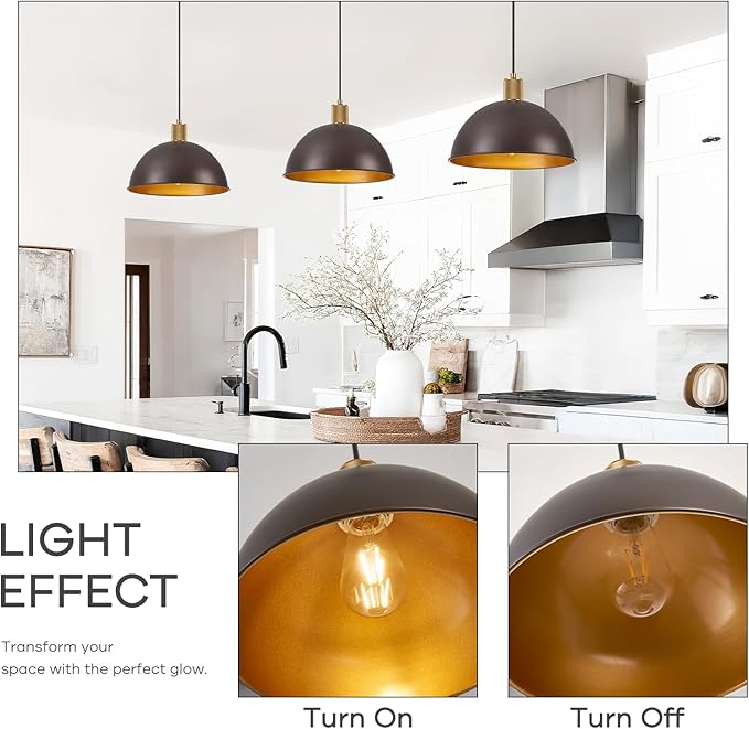 12 Inch Oil Rubbed Bronze Dome Pendant Lights 2 Pack for Kitchen Island, Height Adjustable Farmhouse Industrial Hanging Light Fixtures Over Table for Dining Room, Entryway