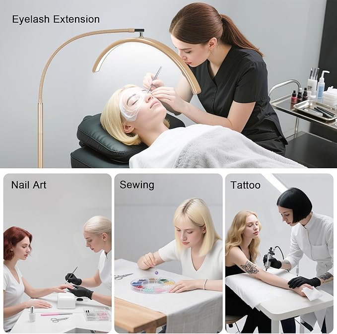 Half Moon Lash Light for Eyelash Extensions & Estheticians, Dimmable LED Lash Lamp with Flexible Gooseneck, Shadow-Free Moon Light for Lash Tech, Tattoo, SPA, Eyelash Lamp (Gold)