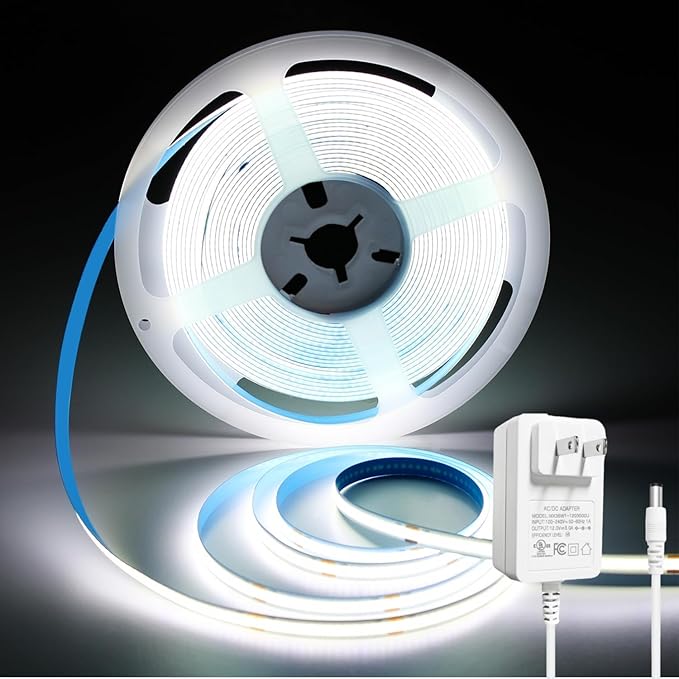 32.8FT/10M COB LED Strip Light, Cold White 6000K LED Tape Lights, 8mm Width, CRI93+ Dimmable Flexible Lights Strip for Bedroom TV Backlight Cabinet Kitchen Mirror Decor(with Plug)