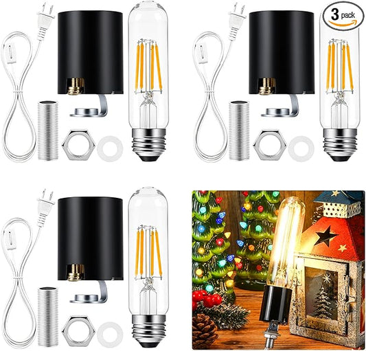 Honoson 3 Pack Large Ceramic Christmas Tree Wiring Kit 4 Watt LED Bulb, Ceramic Christmas Tree Replacement Lights, E26 Candelabra Base, Lamp Wiring Kit Nice for Lighting Large Size Objects