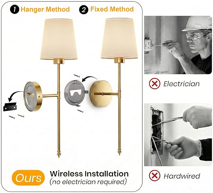 Wall Sconces Battery Operated Set of 2, Rechargeable Wall Sconce, 10 Colors Wireless Wall Sconces Set of Two, 5200mAh Dimmable Bulbs and Remote, for Bedroom Living Room, Hallway Decor (Gold - 24 inch)
