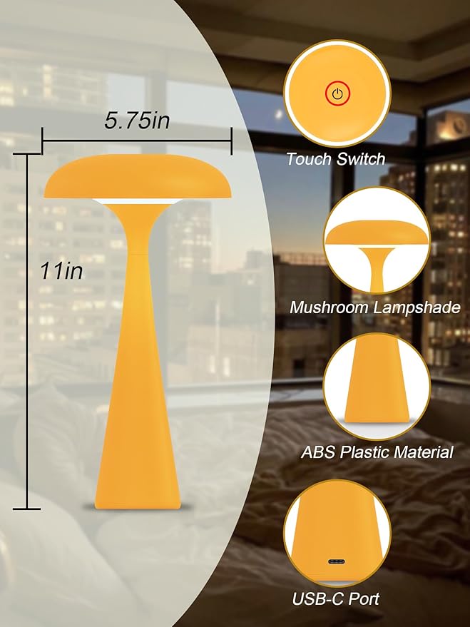 Cordless Table Lamp,Touch LED Reading Light,Cute Desk Lamp with 3 Colors Dimmable,Rechargeable Small Mushroom Lamp,Vintage Aesthetic Lamp for Bedroom Living Room Dorm Decor(Yellow)