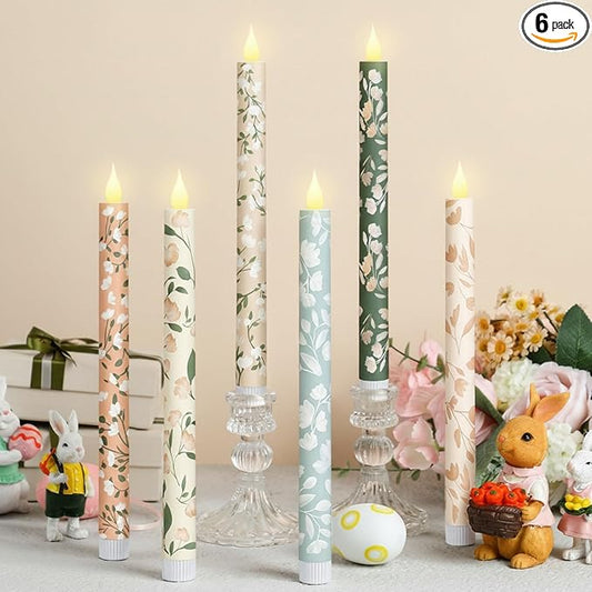 Honoson 6 Pcs Easter Flameless Taper Candles 10.6 Inch Spring Flower Candles Battery Operated LED Candlesticks for Easter Dinner Table Home Party Decor