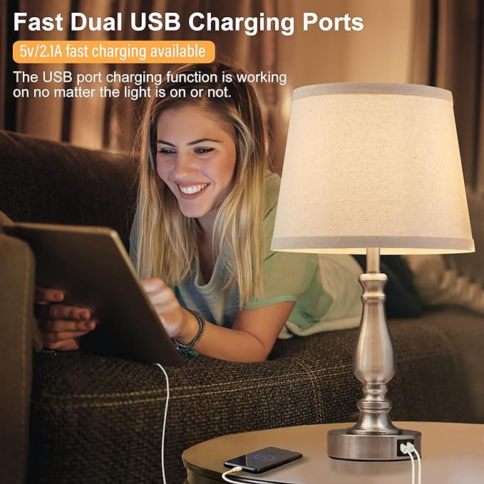 Lamps for Bedrooms Set of 2, Brushed Nickel Bedside Lamps with USB C+A Ports, 3 Way Dimmable Nightstand Lamps with Fabric Lampshade, Touch Table Lamp for Living Room Bedroom Office, Bulbs Included