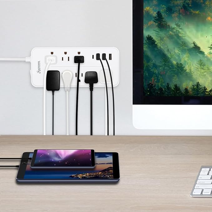 20FT Surge Protector Power Strip Extension Cord with USB C, Asamoom Flat Plug Power Strip with Long Cord, 8 Outlets and 3 USB-A & 1 USB-C Port,1700J for Wall Mount Desk White, ETL Listed