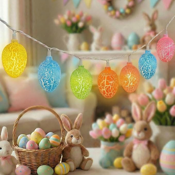 8.5Ft Easter Egg String Lights Outdoor, Easter Decorations String Lights with 10 LED Colorful Cracked Egg Lights Plug in, Hanging Pastel Easter Light for Spring Garland Party Yard Home Window Decor