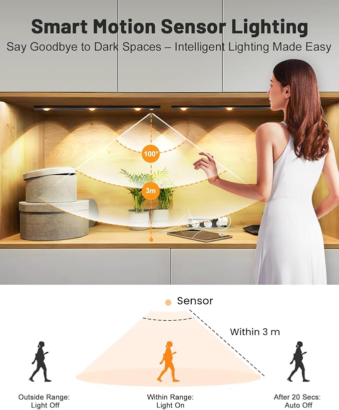 Pak Under Cabinet Lights, Rechargeable Motion Sensor Light Indoor, Wireless and 3-Color Dimmable with Cat’s Eye Hill Effect, for Display Cabinets, Showcases, Wine Racks, 2 Pack, Black
