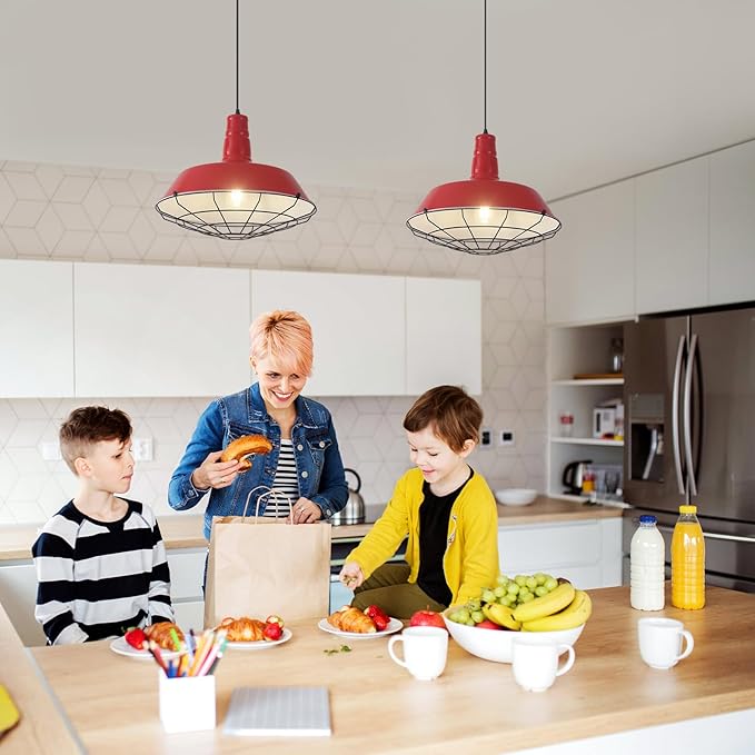 Red Large Pendant Lights Kitchen Island, 18.1 Inch Farmhouse Pendant Light, Industrial Pendant Light with Wire Cage, Kitchen Cage Light 2 Pack, Island Pendant Lights for Kitchen Dining Room