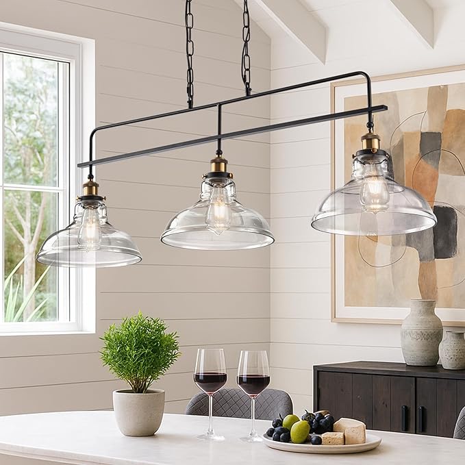 Industrial Glass Kitchen Island Lighting Vintage 3-Lights Glass Pendant Light for Kitchen Island Rustic Farmhouse Black Chandelier for Dining Room, Living Room, Bar, Over Table