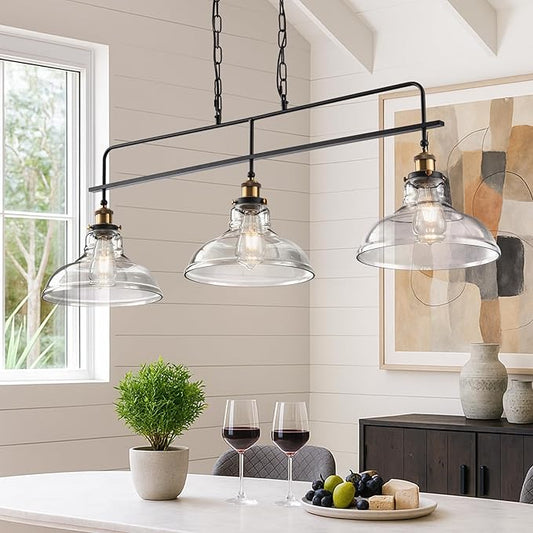 Industrial Glass Kitchen Island Lighting Vintage 3-Lights Glass Pendant Light for Kitchen Island Rustic Farmhouse Black Chandelier for Dining Room, Living Room, Bar, Over Table