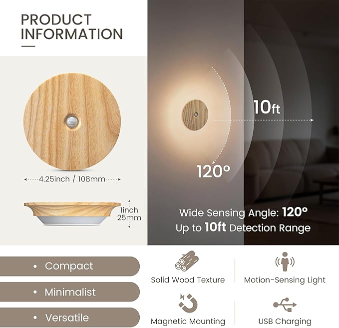 Motion Sensor Night Lights Wood, Rechargeable Battery-Powered Magnetic Stick-On Night Lights Wall Lights for Hallway, Bedroom, and Stairs (Ash Wood *2Pack)