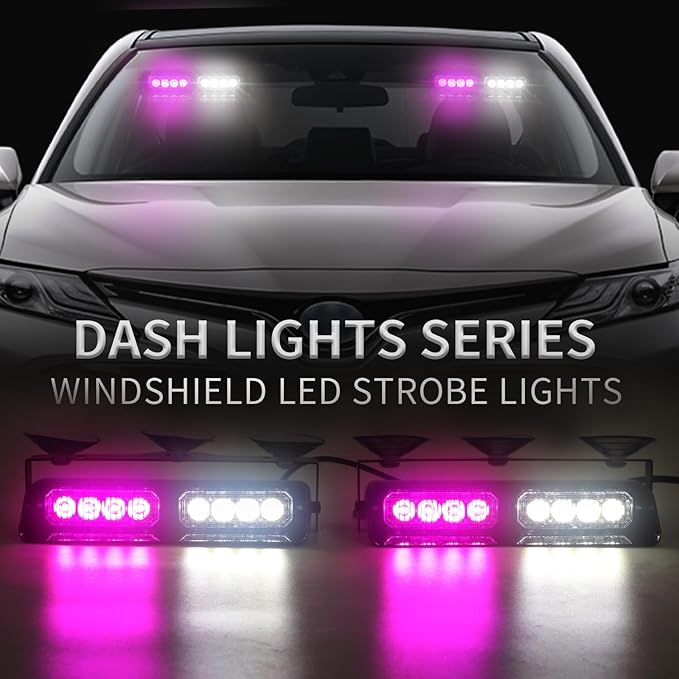 XRIDONSEN 2 in 1 Emergency Dash Strobe Lights Purple White Interior Front/Rear Windshield Lights Hazard Warning Safety Flashing Escort Lights w/Suction Cups for Vehicles Trucks (2×7.16 inch, 16 LED)
