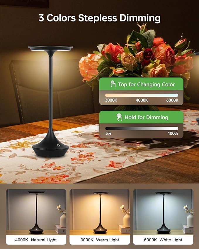 2 Pack Rechargeable Cordless Table Lamps, Portable 4000mAh Battery Table Lights, 3 Color Stepless Dimming LED Wireless Desk Light with Memory Function for Outdoor/Dinner/Bar/Restaurant/Camping