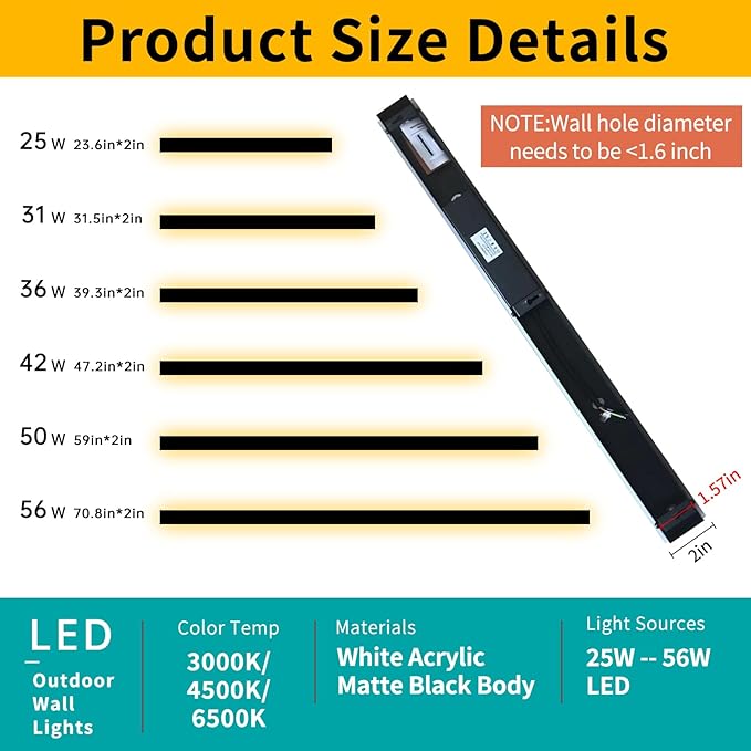 Mikeru 3CCT Dimmable Outdoor Wall Sconce 47.2" IP65 Waterproof -2Pack Modern Black Exterior Light with Remote Control, Adjustable 3000K/4500K/6000K for Porch, Patio & Commercial Spaces | Hardwired