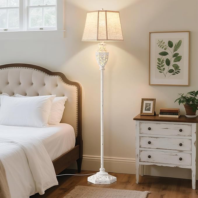 Luvkczc Rustic Floor Lamp - Resin Carved Base with Hollow Night Light, Farmhouse Floor Lamps, Vintage Standing Lamp for Living Room, Bedroom (Includes Bulb)
