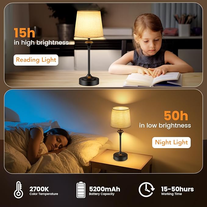 NIORSUN Portables Cordless Table Lamp Set of 2, Battery Operated Lamp, Bedside Table Lamp with Warm White,3 Way Dimmable Touch Desk Lamp for Bedroom Living Room Restaurant Whtie Shade (Black)