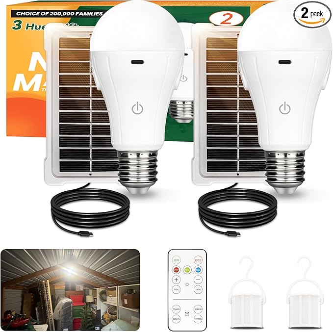 Neporal MagicGlow Rechargeable Solar Light Bulbs with Remote, USB+Solar Rechargeable Bulbs,3 Colors Shift + Dimmable Battery Light Bulb, A19 Emergency LED Light Bulbs, 15W, Up to 24 Hours, 2 Pack