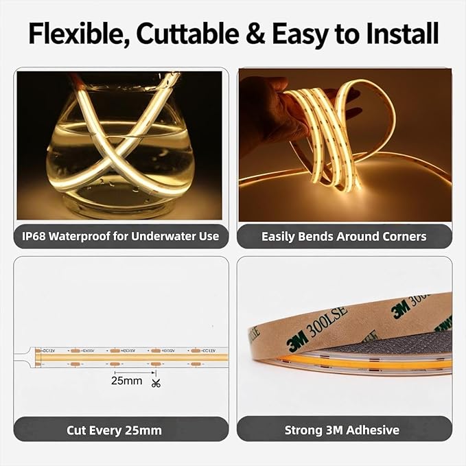 COB LED Strip Light IP68 Waterproof, 16.4FT 12V High Density 480 LEDs/m CRI>90 3000K Warm White Solid Silicone Sealed Dotless LED Tape Light for Outdoor, Pool, Bathroom, Landscape (No Power Supply)